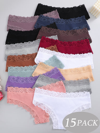 15 Pieces Cotton Seamless Lace Panties, Sexy Panties For Women, Comfortable Underwear, Floral Thong For Women