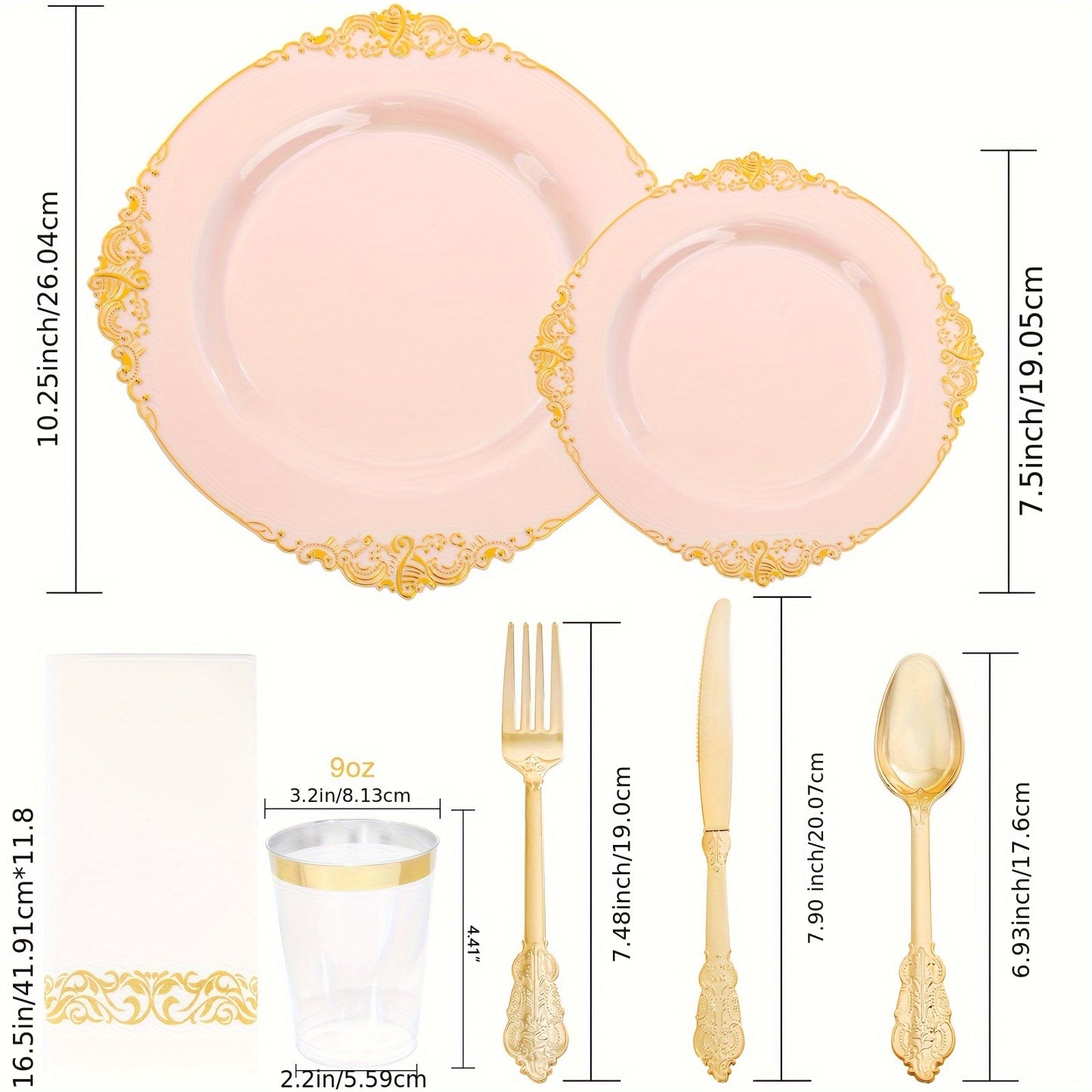 700PCS Pink&Gold&Silver Plastic Plates - Plastic Dinnerware Sets For 100 Guests - 200 Disposable Plates, 300 Gold Plastic Silverware, 100 Cups, 100 Napkins For Wedding & Party