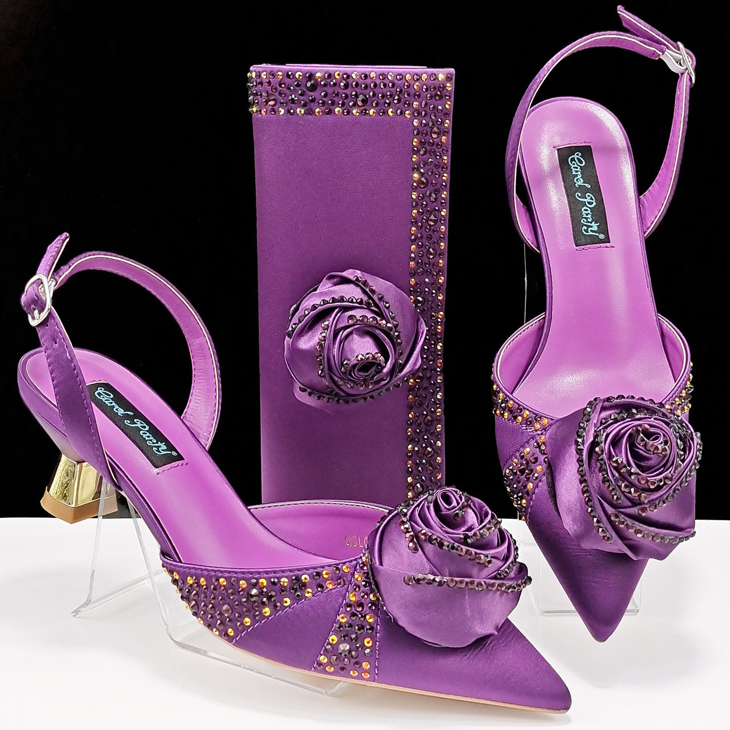 Women's Shoes And Bags Handmade Flower Decoration High Temperature Rhinestone Satin High Heels Suit