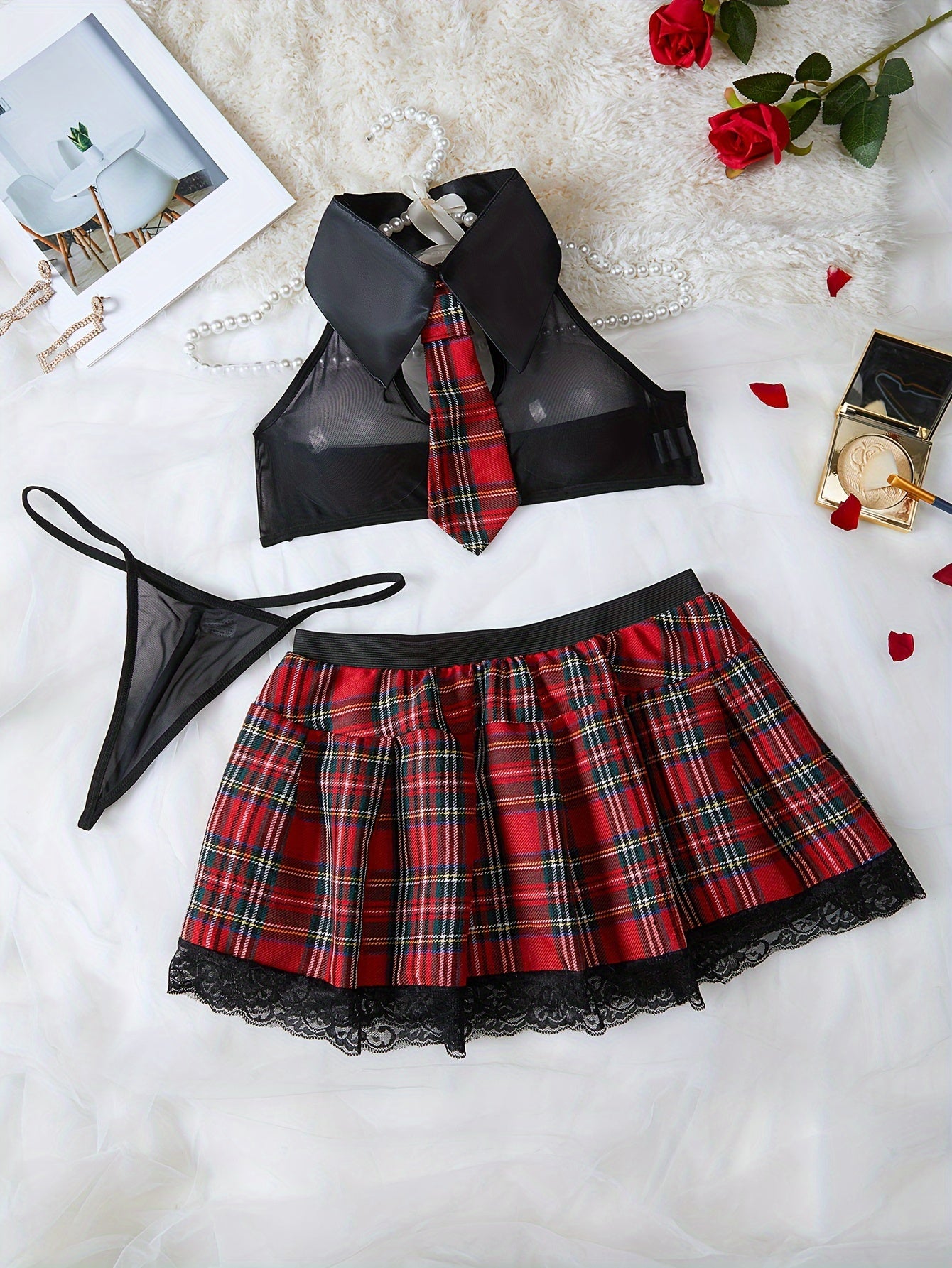 Tartan School Costume Lingerie Set - Sexy Women's Sleep and Lounge Wear with Thong, Plaid Pattern, and Comfortable Design