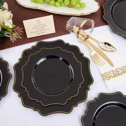 175 PCS Deluxe Plastic Party Plates Set - Cutlery Sets for 25 Guests with Dinner, Dessert, Cups, Napkins and Utensils - Perfect for Wedding, Party, and Special Occasions with White and Golden, Black and Golden