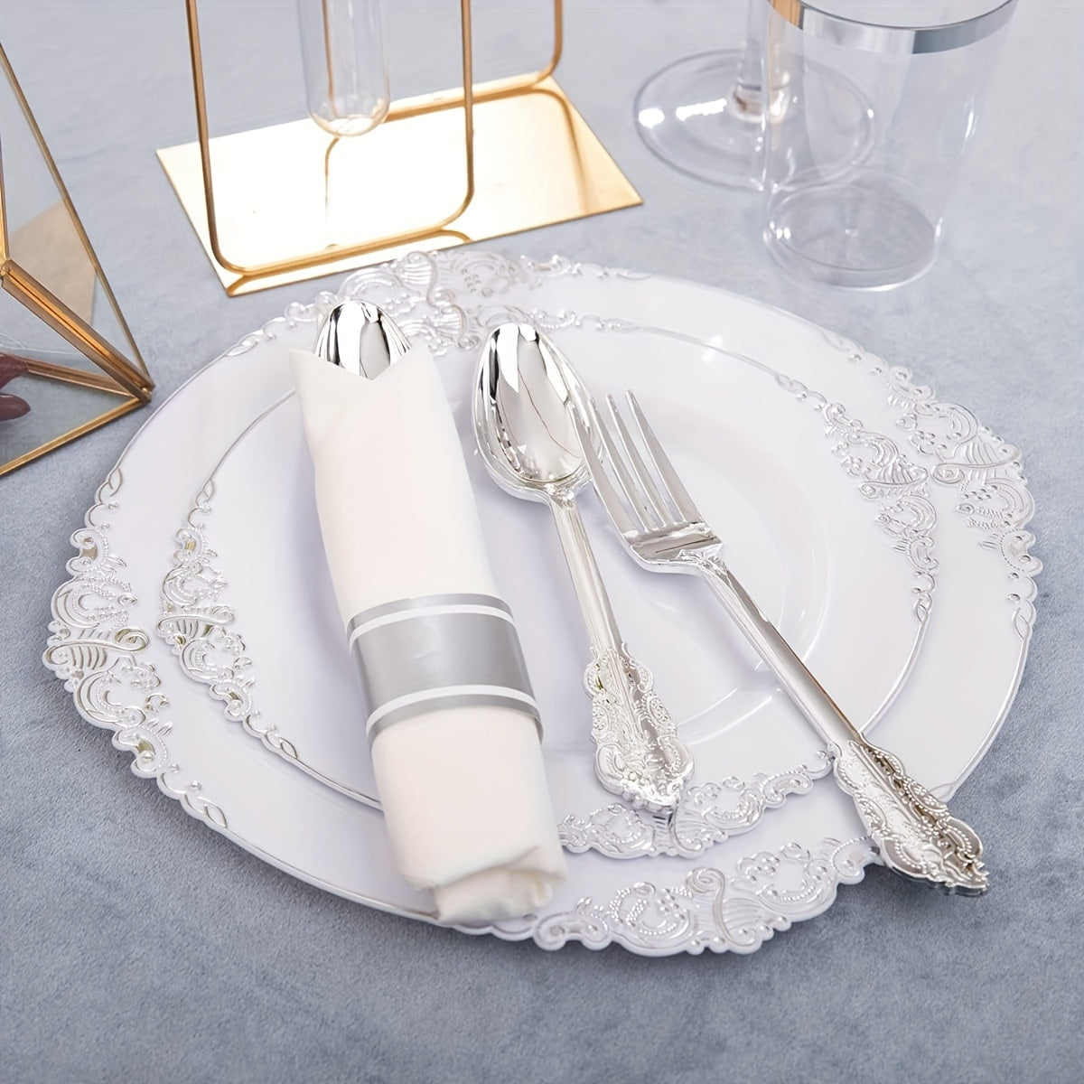 350PCS Liacere Silver Plastic Tableware Set - 100 Disposable Plates, 150 Cutlery, 50 Cups, 50 Napkins, Pre-Rolled Napkins for 50 Guests, Perfect for Weddings, Parties, Mother's Day, and Christmas Celebrations