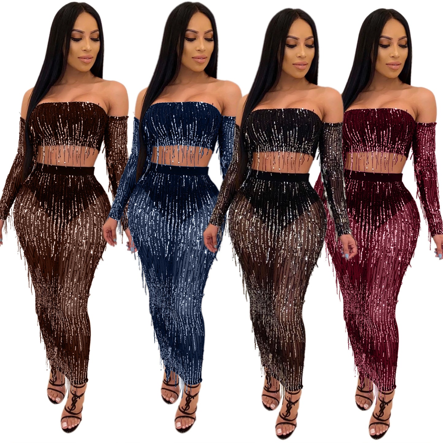 Fashion Sexy See-through Mesh Sequins Tassel Two-piece Set