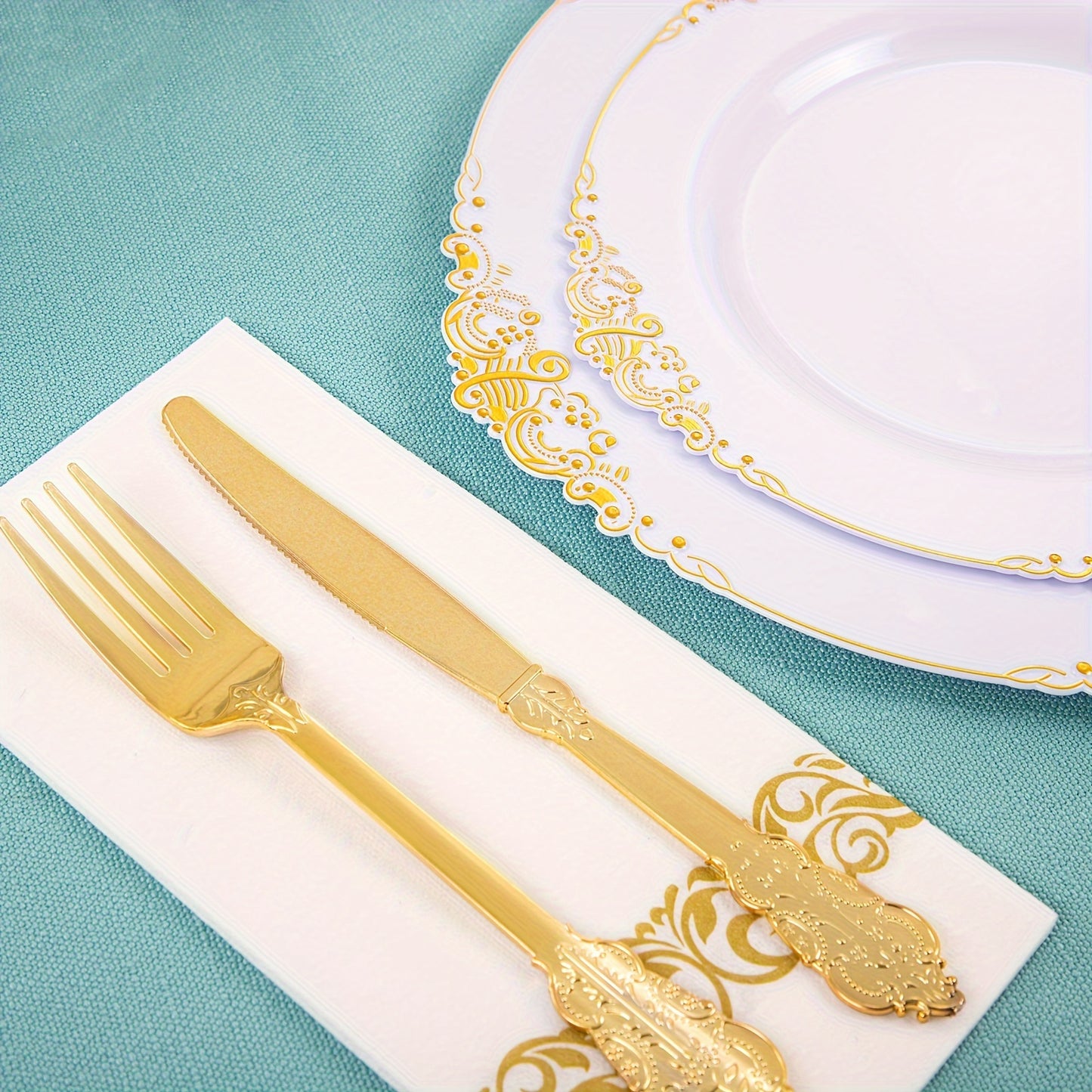 700 PCS Gold&Silver Plastic Plates - Gold Plastic Dinnerware Sets For 100 Guests - 200 Gold Disposable Plates, 300 Gold Plastic Silverware, 100 Cups, 100 Napkins For Wedding & Party