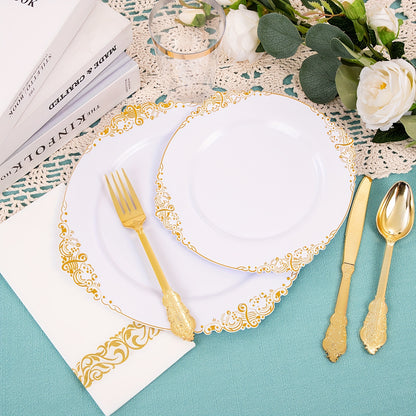 700 PCS Gold&Silver Plastic Plates - Gold Plastic Dinnerware Sets For 100 Guests - 200 Gold Disposable Plates, 300 Gold Plastic Silverware, 100 Cups, 100 Napkins For Wedding & Party