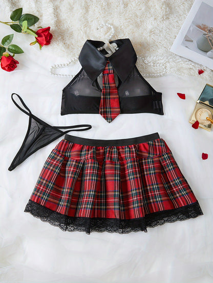 Tartan School Costume Lingerie Set - Sexy Women's Sleep and Lounge Wear with Thong, Plaid Pattern, and Comfortable Design