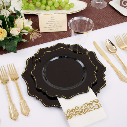 175 PCS Deluxe Plastic Party Plates Set - Cutlery Sets for 25 Guests with Dinner, Dessert, Cups, Napkins and Utensils - Perfect for Wedding, Party, and Special Occasions with White and Golden, Black and Golden